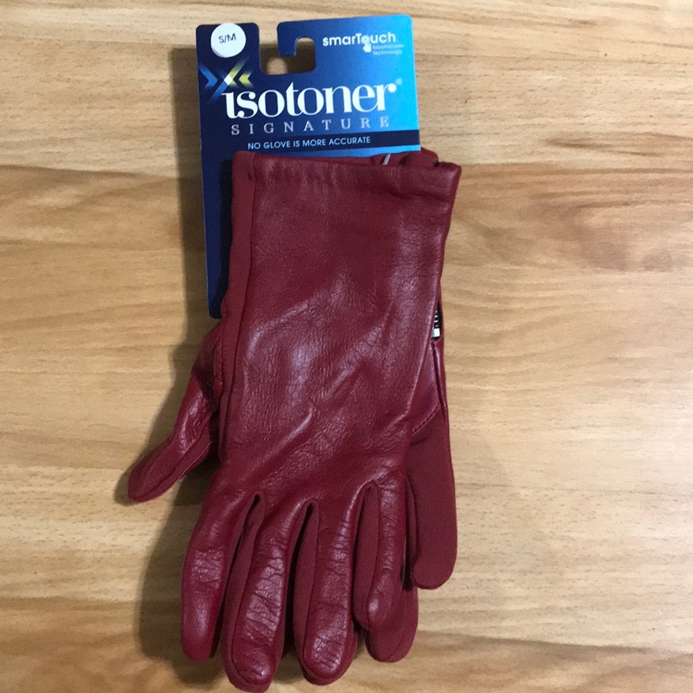 NEW Isotoner Red Leather Smartouch Gloves Size S/M